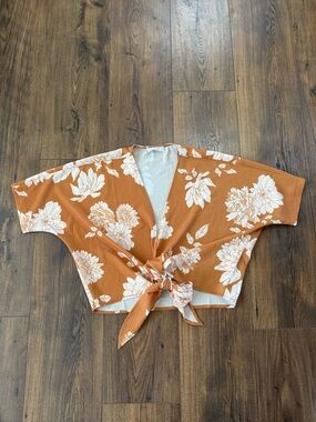 Sage The Label Floral Tie Front Top Kimono Sleeve Rust Orange Size XS